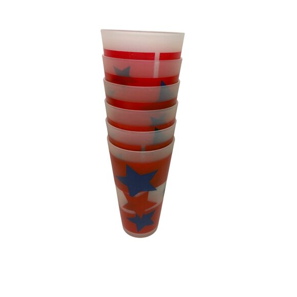 Set Of 6 Vintage Patriotic Star Plastic 6” Tall Tumblers Red Blue Americana - Picture 3 of 6